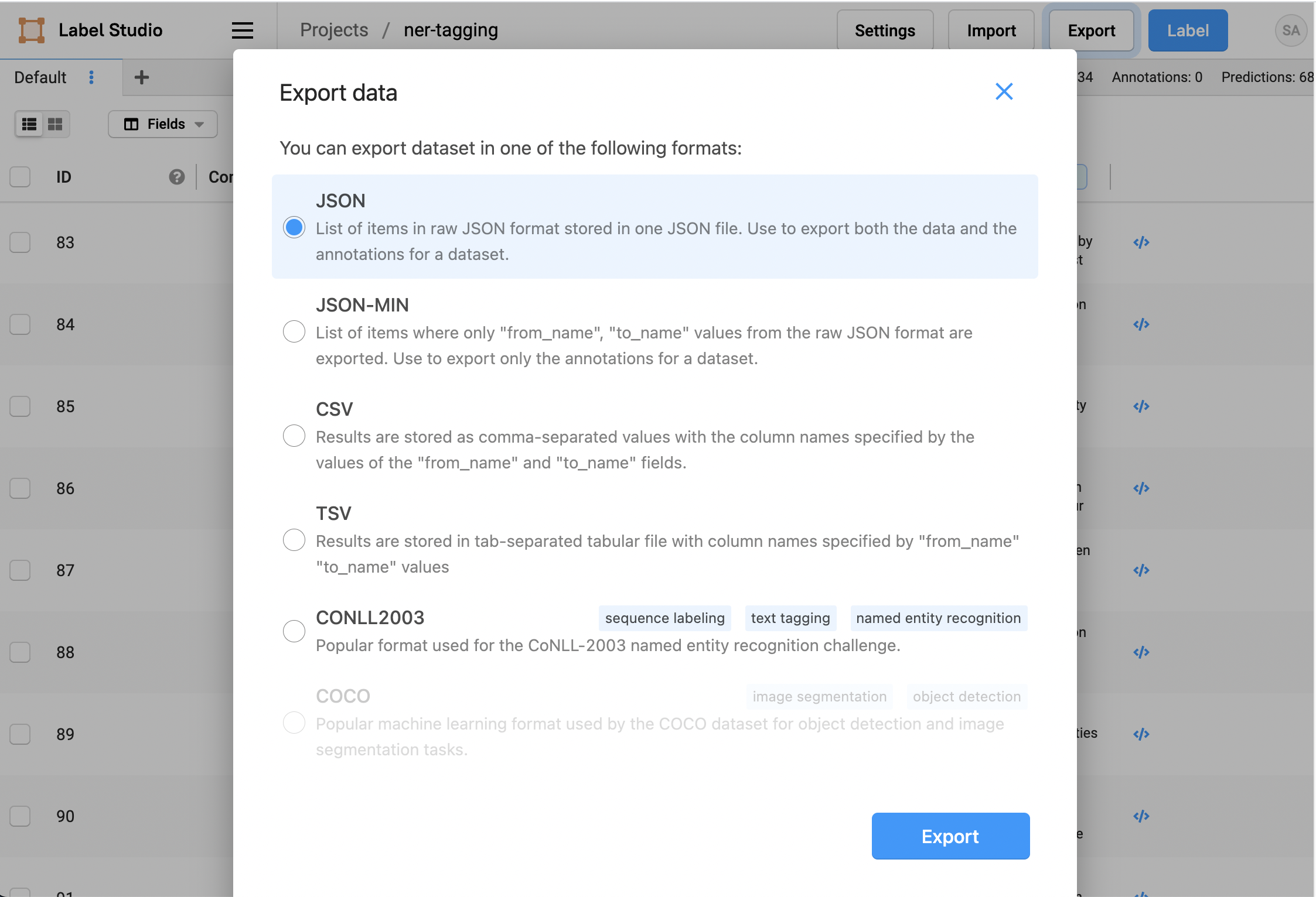 Screenshot of export data modal with JSON selected as in step 2 of the preceding steps.