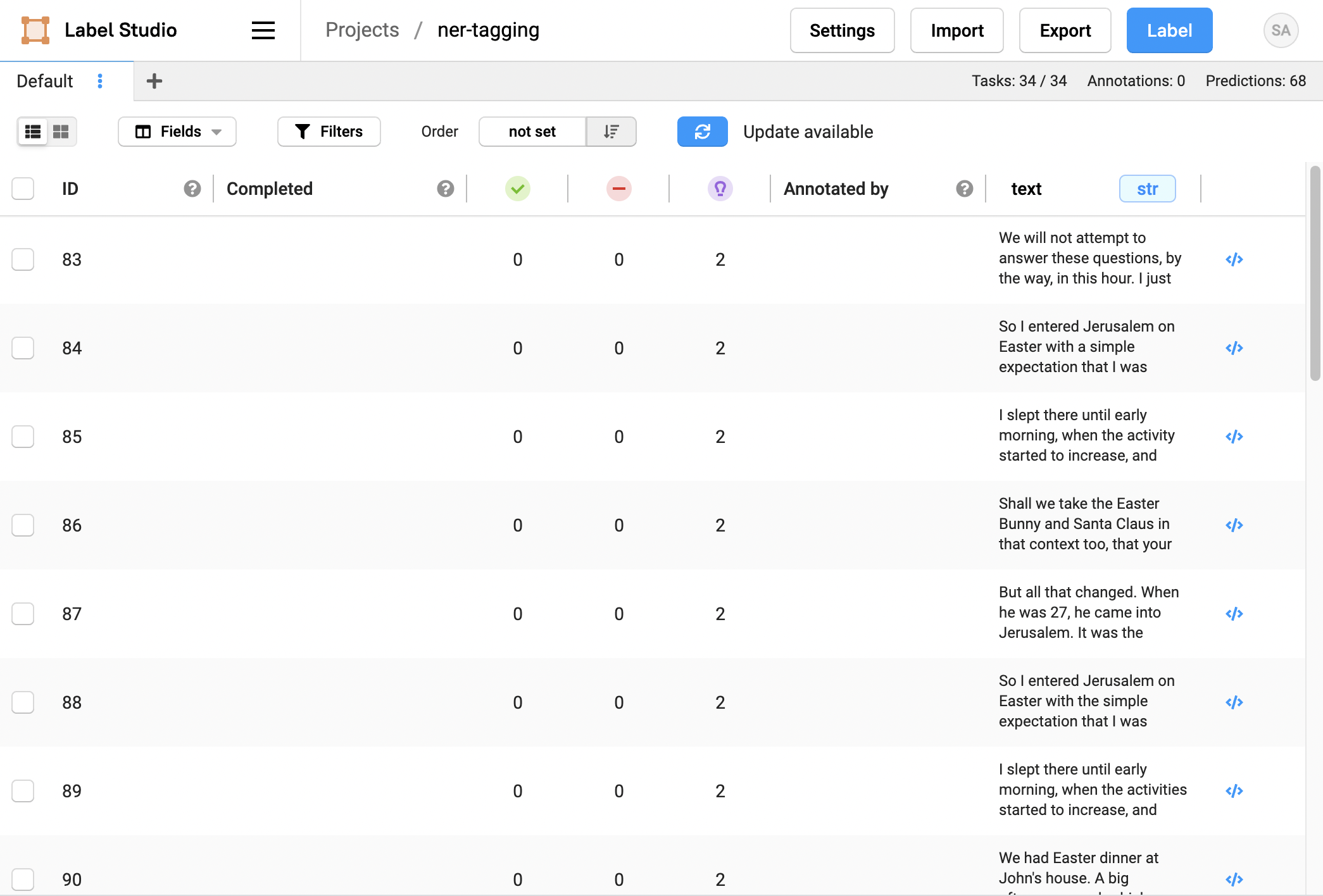 Screenshot of the Label Studio data manager after importing data.