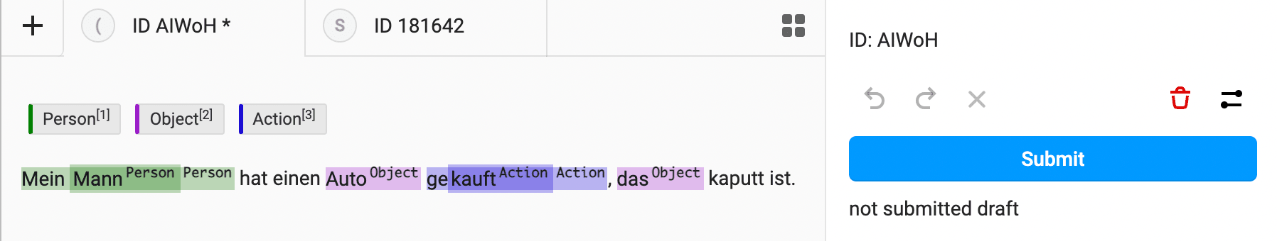 Screenshot of NLP labeling user interface with UI text reading not submitted draft to make it clear that the annotation is still in draft form.