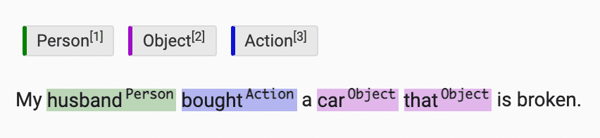 Screenshot of NLP labeling being performed by highlighting named entities and assigning labels to words.