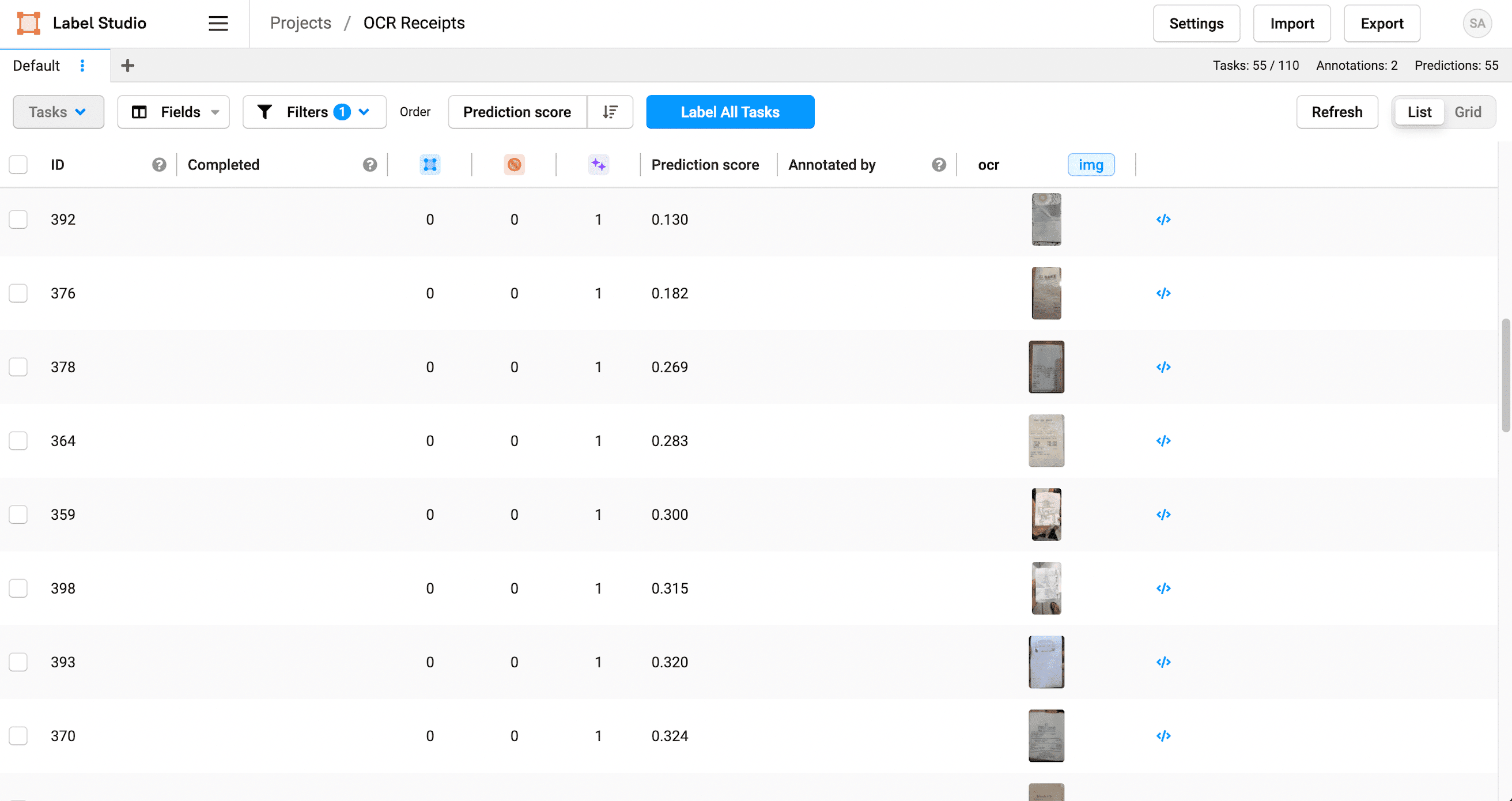 Screenshot of the data manager in Label Studio showing the OCR images sorted by prediction score.