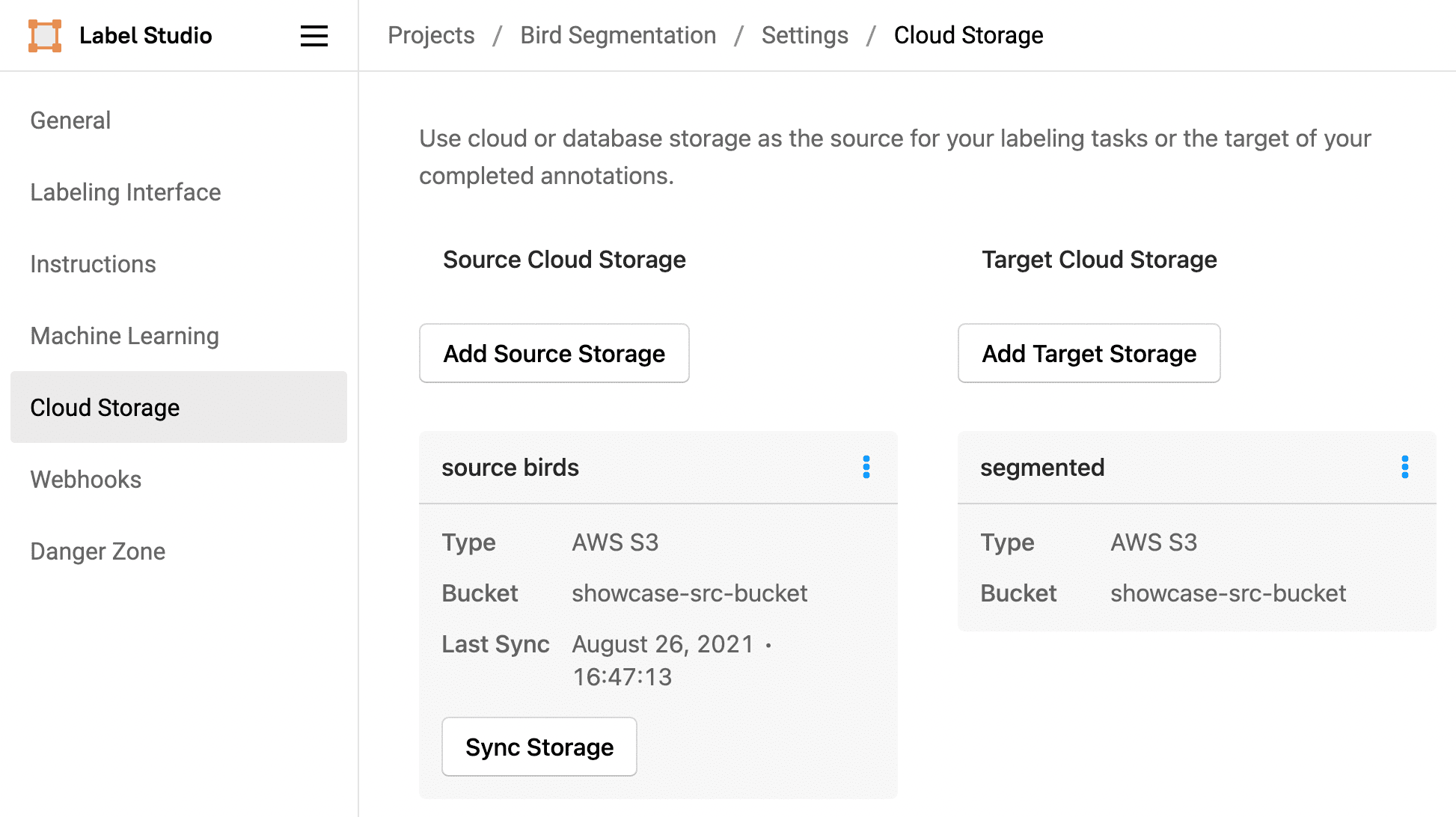 Screenshot of the configured cloud storage settings for source and target S3 storage.