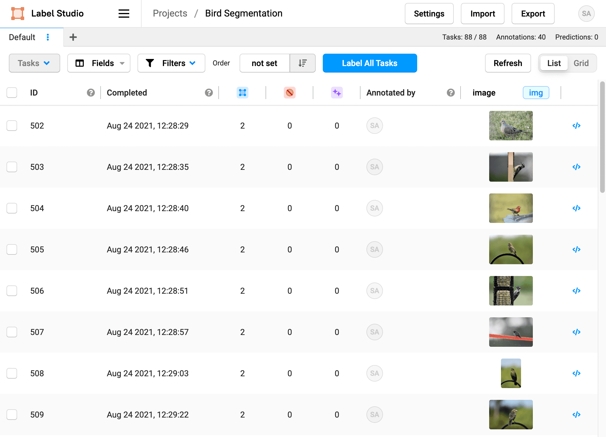 Screenshot of the Label Studio UI showing bird images and annotation progress on the data manager.