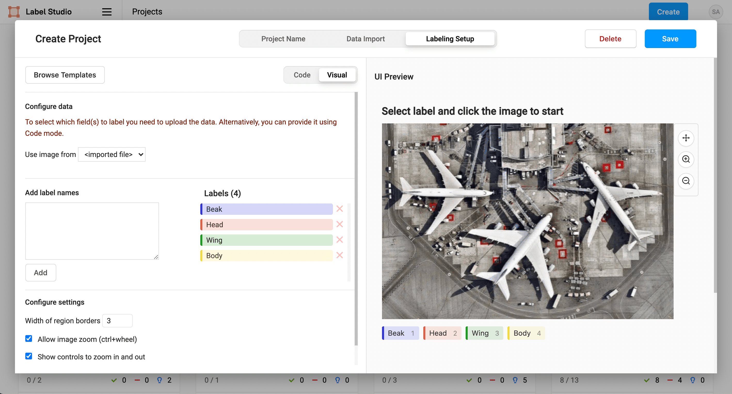 Screenshot of creating a project with the semantic segmentation with polygons template with custom labels for labeling birds.