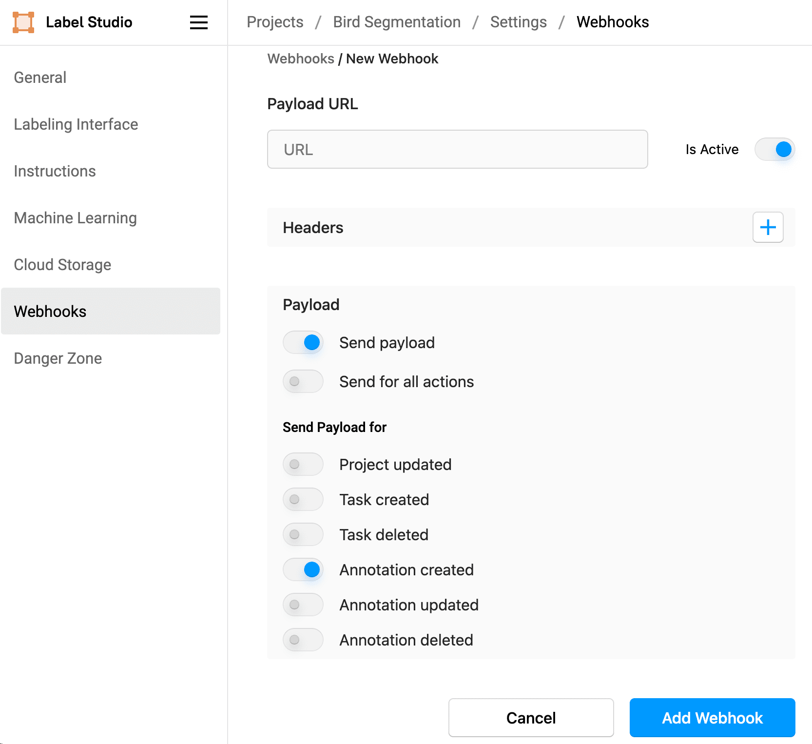 Screenshot of the partially configured webhook settings in Label Studio UI.