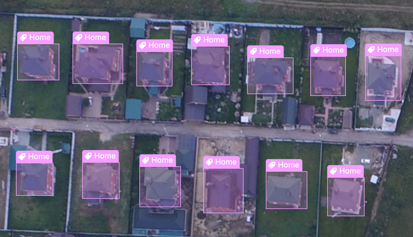 Screenshot of homes identified using object detection