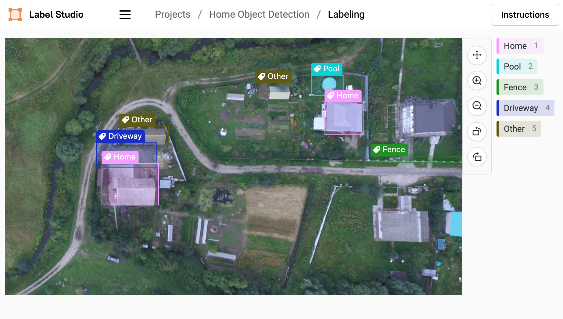 Screenshot of homes and related objects labeled using Label Studio UI.